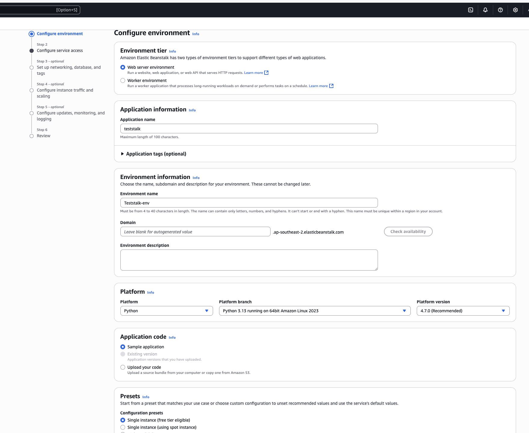 Elastic Beanstalk config step 1